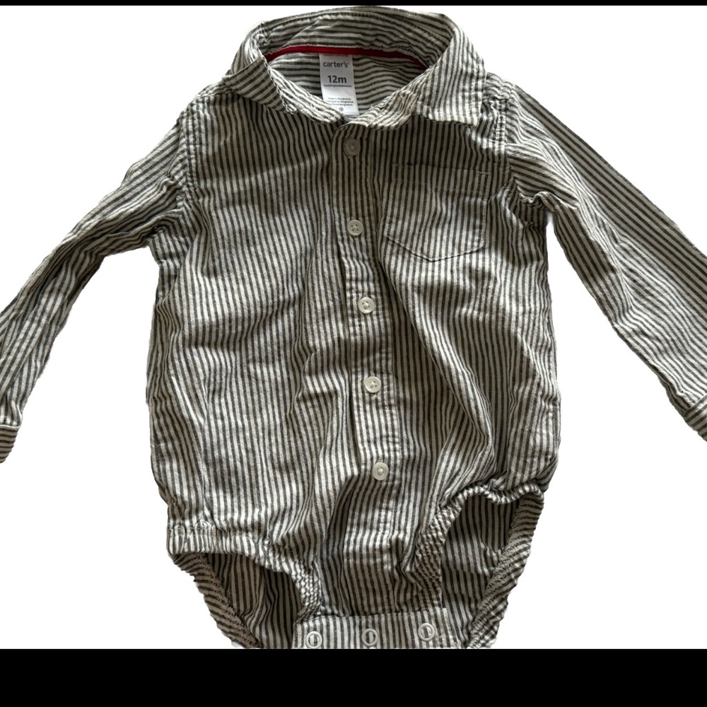 5 for $20 ✨CARTERS Toddler Boys Grey Stripe Long Sleeve‎ Dress Shirt 12 months